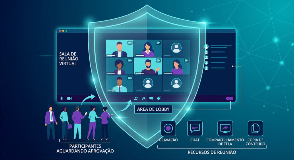 Reunião virtual protegida com controles de lobby, gravação, chat, compartilhamento de tela e cópia de conteúdo.