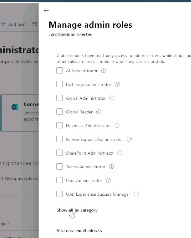Figura 2. Painel Manage admin roles com a opção Show all by category.
