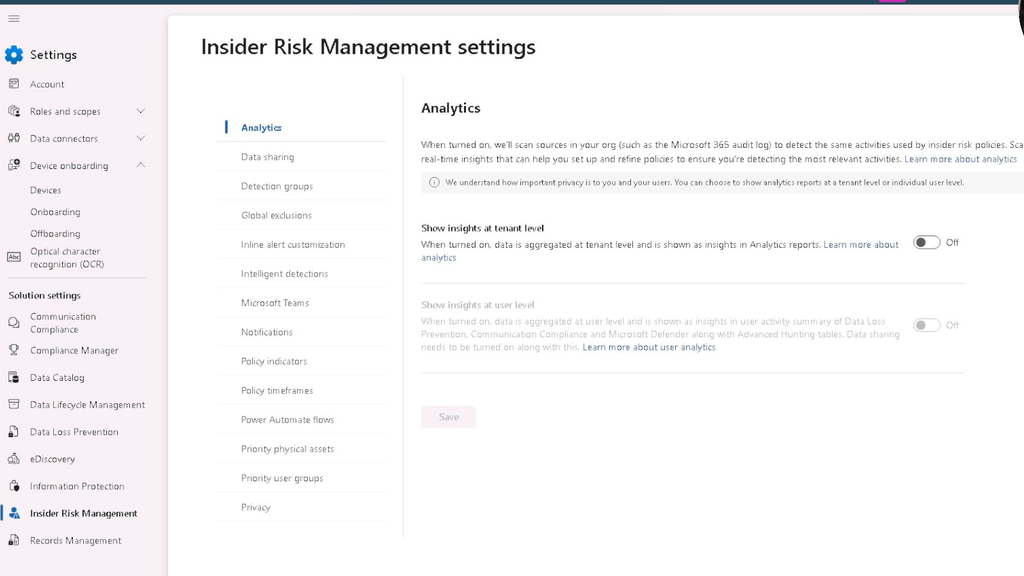 Figura 1. Insider Risk Management settings > Analytics antes da habilitação dos insights.
