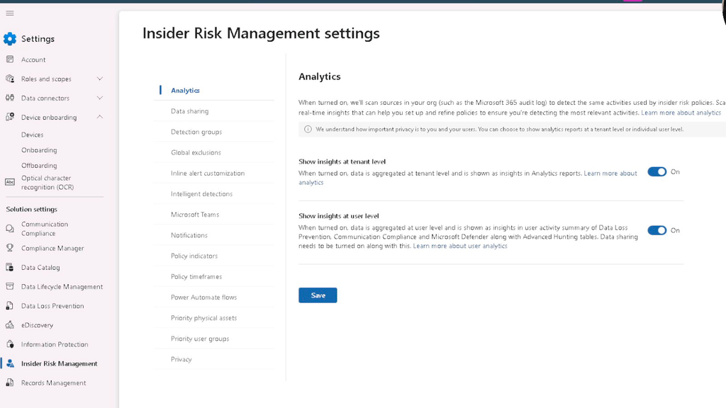 Figura 2. Insights em nível de tenant e de usuário habilitados antes de salvar a configuração.